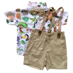 CONJUNTO SAFARI BRANCO para menino, roupa infantil de suspensorio festa Camisa Gravata Bermuda e Suspensório