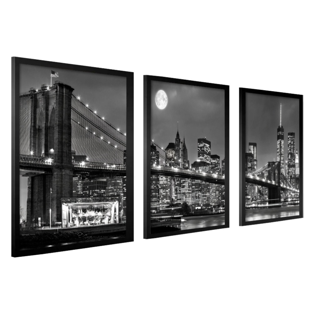 Trio Quadros Decorativos Sala Quarto Moldura Ponte Brooklin Nova York