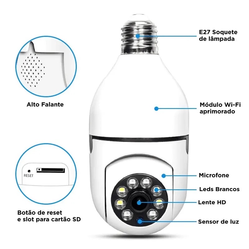 Câmera Wifi Ip Sem Fio Giratória 360 com encaixe Lampada Bocal rosca Ptz Full HD visão noturna segurança - bivolt