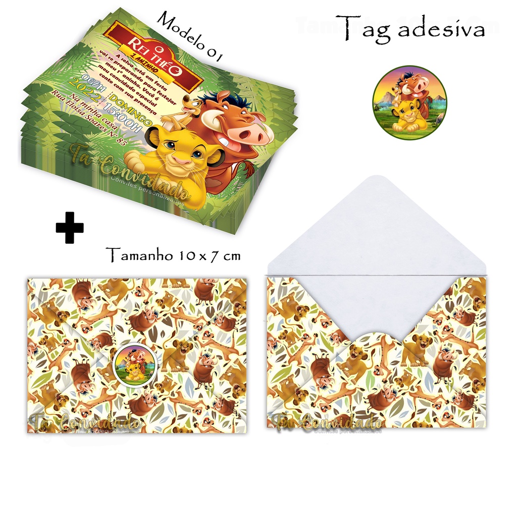 Convites Personalizados Rei Leão 10x7cm Aniversário infantil + Envelope + Tag