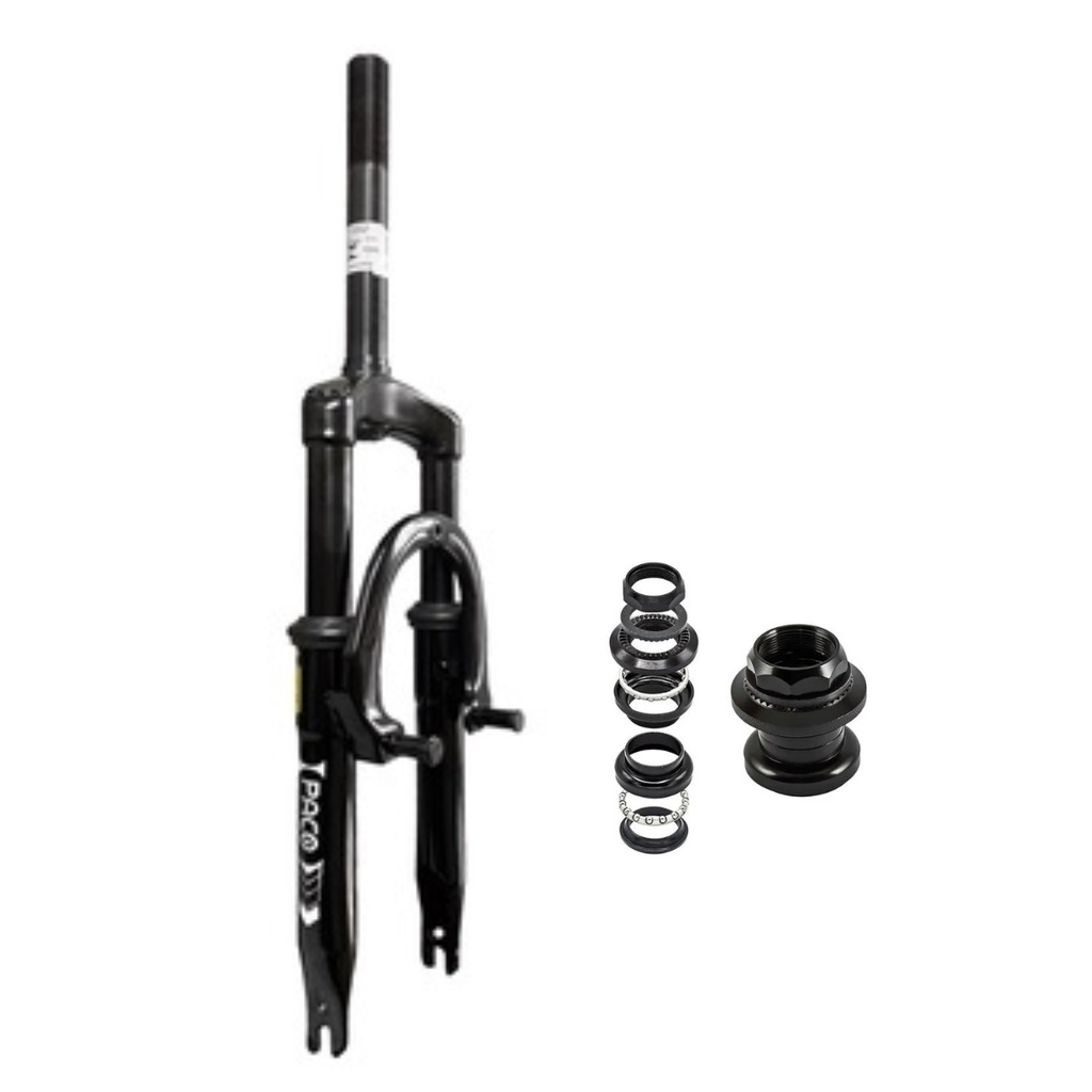 Garfo de Bicicleta Suspensão Aro 20 PACO 21.1mm Rosca Fina Amortecedor V-brake Preto C/ Caixa de Direção