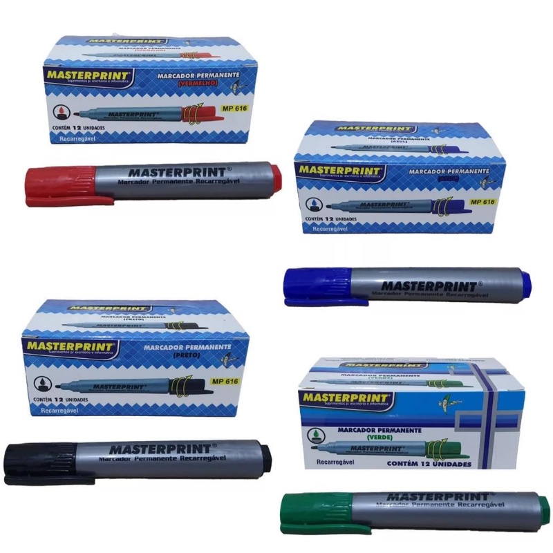 Pincel Marcador Permanente Caixa com 12 Unidades Recarregável Caneta Permanente Diversas Cores Masterprint em Oferta na Shopee