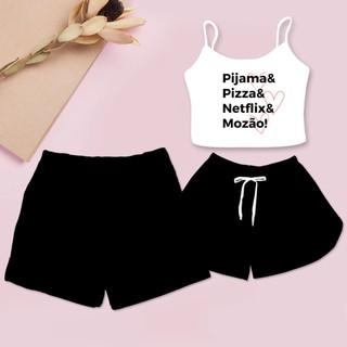 Kit Pijama Casal Preto Cropped Netflix Shorts Samba Canção Masculino Preto em Oferta na Shopee