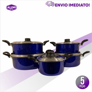 Jogo De Panelas Caçarolas 5 peças - AZUL - Tampa Alumínio em Oferta na Shopee