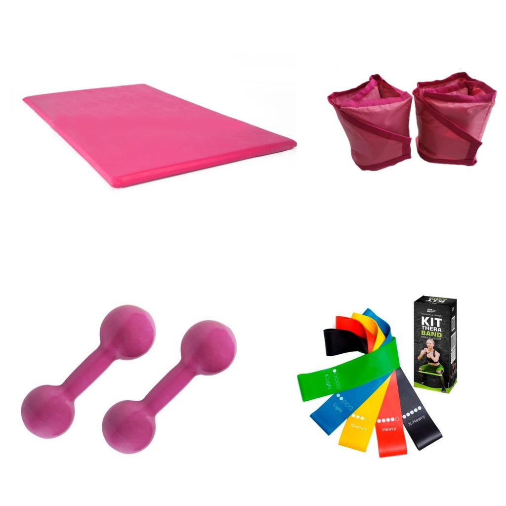 Imagem Kit Treino Completo Par Halter 1 Kg + Par Caneleira 1 Kg + Colchonete + Kit Mini Band