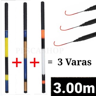 Kit 3 Varas Telescópicas Lisa 3,00M 40% Fibra De Carbono Ação Lenta C.W 7-17lbs Cmik