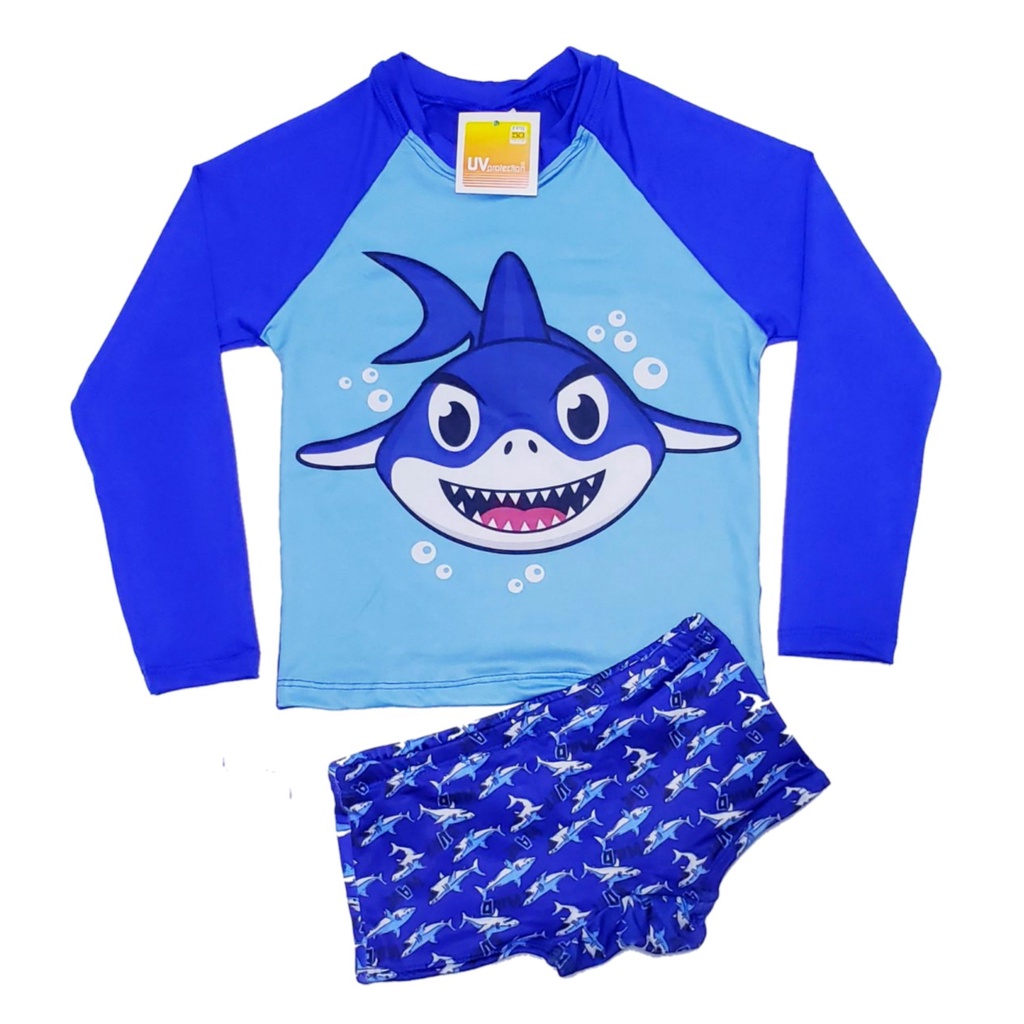 Conjunto Bebe menino proteção UV 50+ camiseta e sunga de 3 meses a 24 meses Tubarão Praia Piscina Natação — imagem 2 de 2