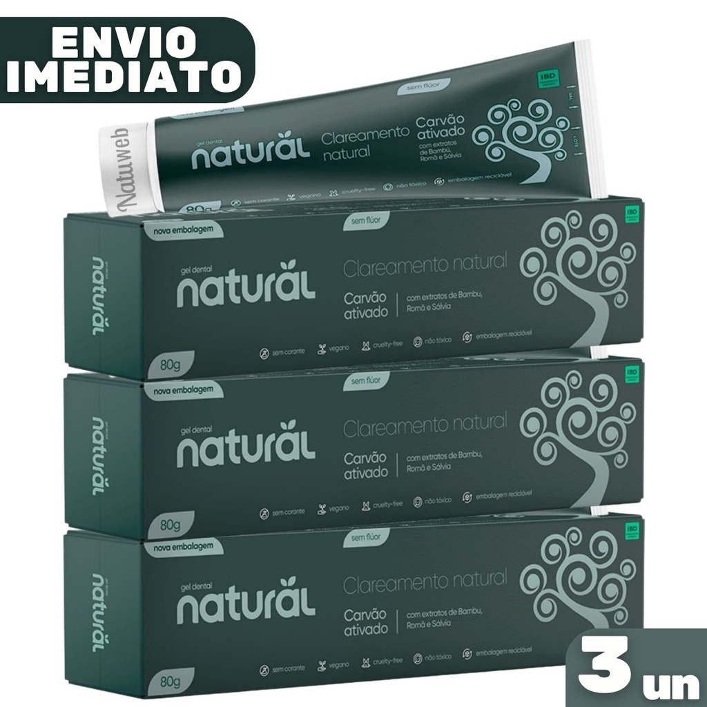 Kit 3 Creme Dental Clareador Carvão Ativado Orgânico Natural 80g - Suavetex