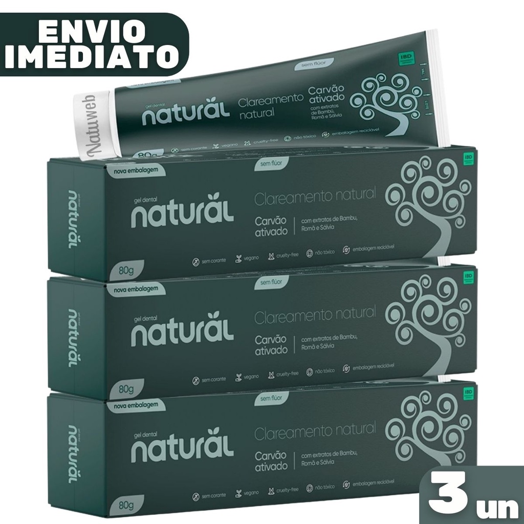 Kit 3 Creme Dental Clareador Carvão Ativado Orgânico Natural 80g - Suavetex