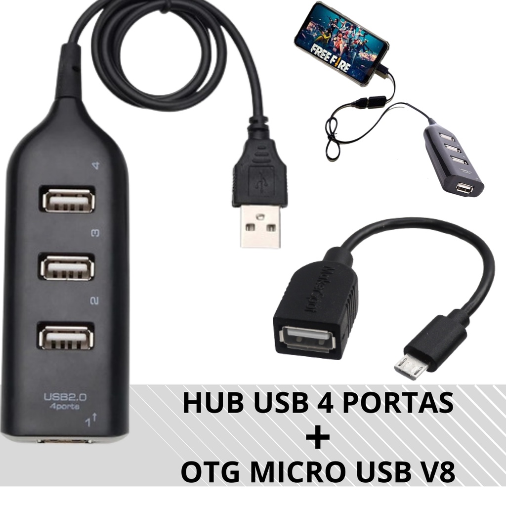 Hub Cabo Extensor Usb 4 Entradas + Conector Adaptador Otg Micro Usb v8 Android