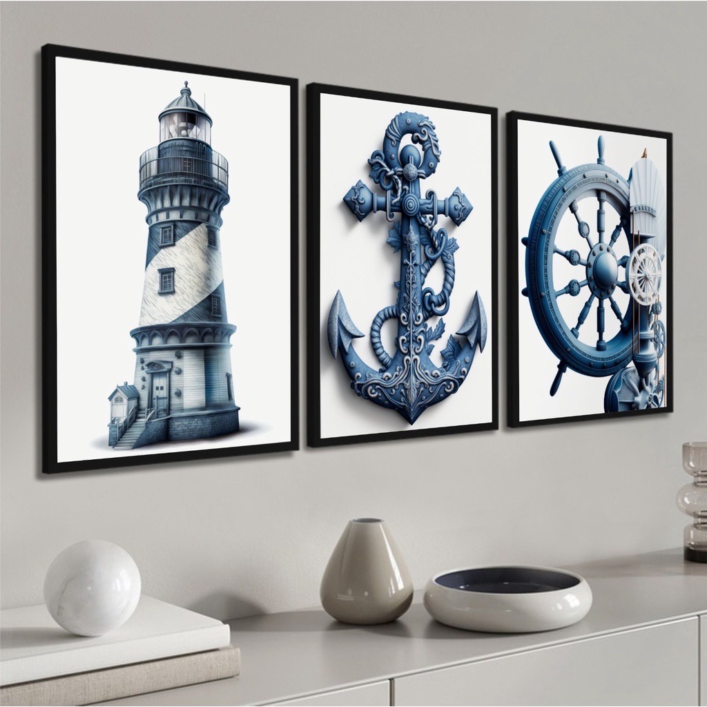 kit 3 quadros marinheiro marinha ancora leme de barco farol alto mar oceano decoração de praia com molduras