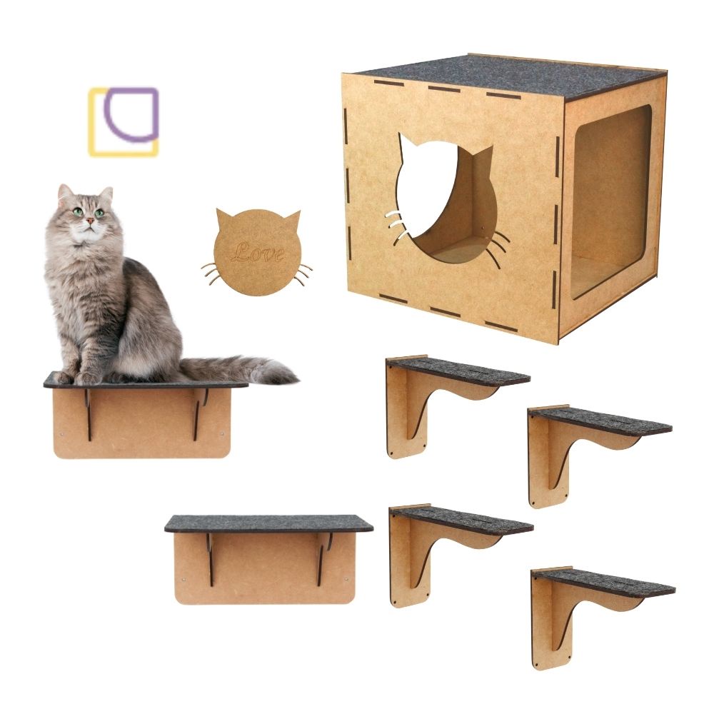 Kit playground de gato diversão animal pet felino gato bichano 7 peças em mdf fixo parede resistente