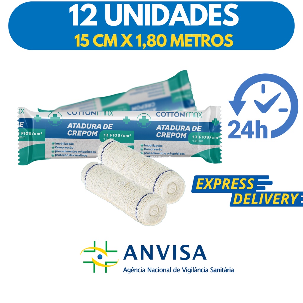 Faixa Atadura Crepom Curativo Algodão 15cm x 1,80m Kit 12 Rolos 13 Fios Anvisa Não estéril