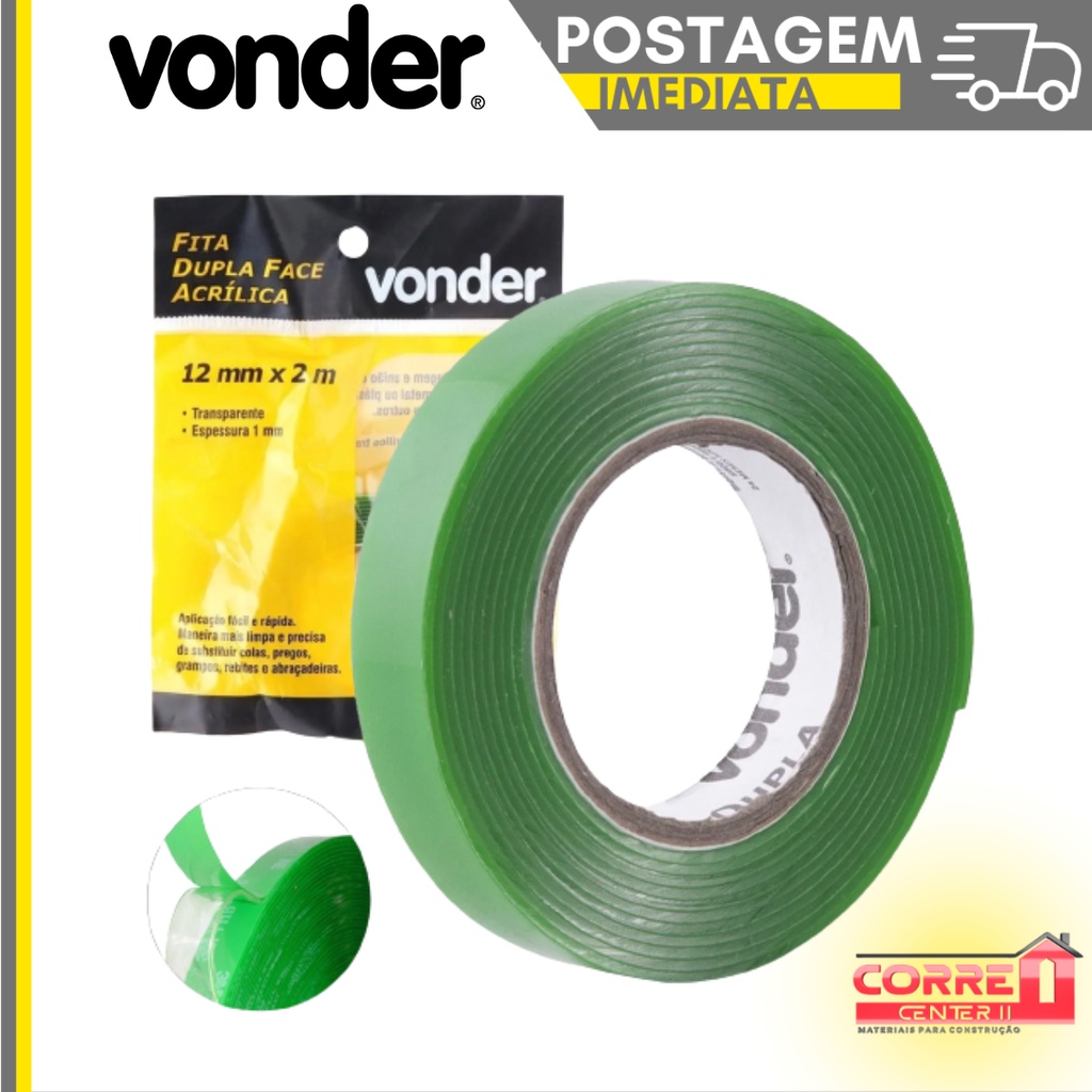 Fita Dupla Face (12mm x 2 Metros Vonder) Acrílica Transparente 12mm em Oferta na Shopee