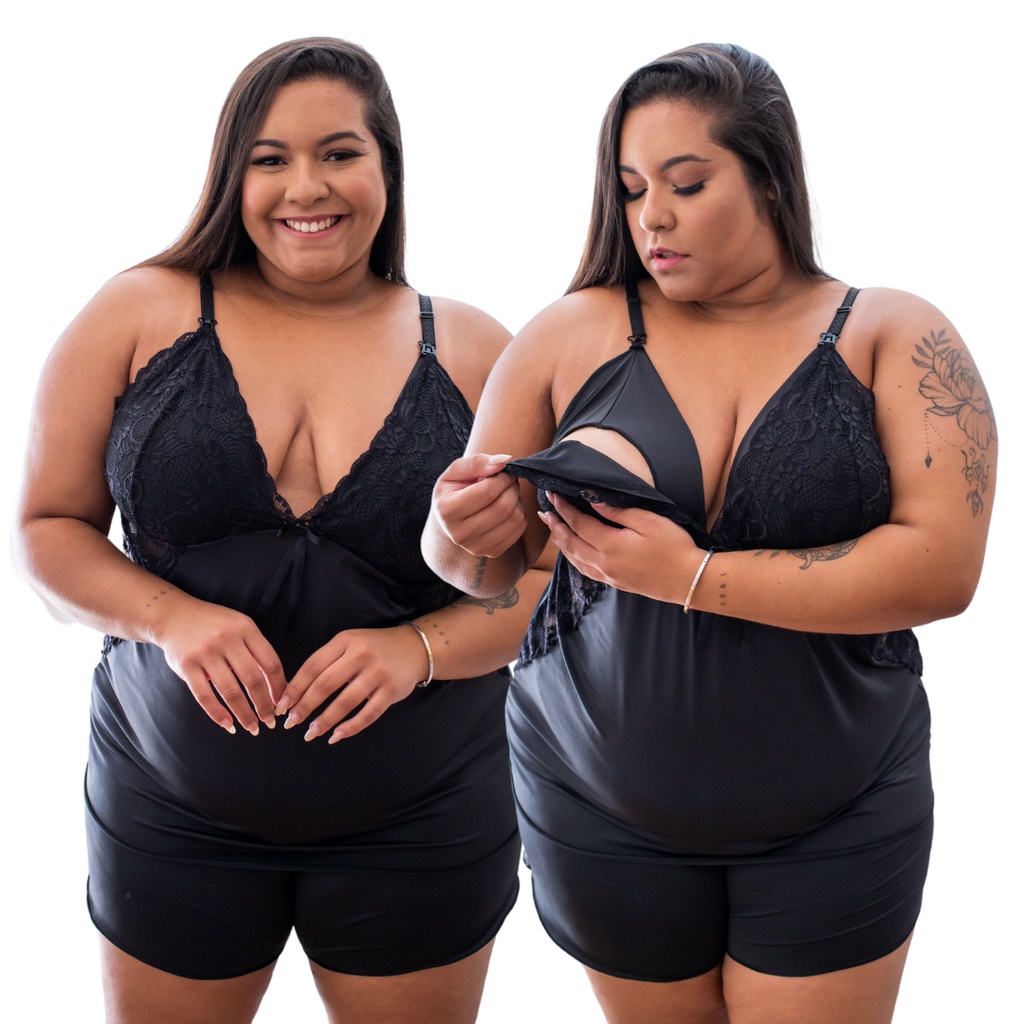 Baby Doll Plus Size Amamentação Confortável com Renda Gestante Maternidade Pós-parto 50 52 54 56 LIT MODAS