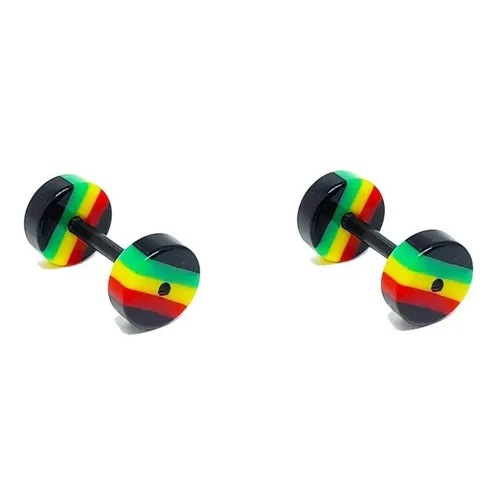 Alargador Falso Fake Reggae Jamaica Canabis Par de Brincos 1mm Rosqueavel Antialergico Multicolors