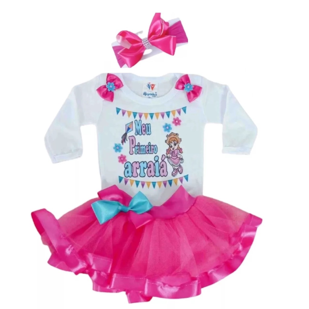 Conjunto Temático Festa Junina Bebê Menina Body Manga Longa Meu Primeiro Arraiá Body, Laço e Saia Tutu