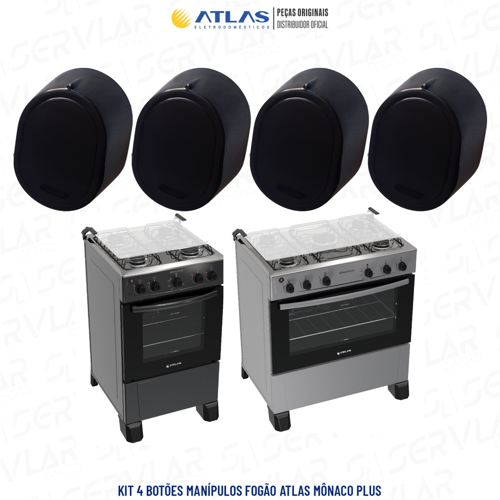 CONJ. C/ 4 BOTÕES MANÍPULOS PARA FOGÕES ATLAS MÔNACO PLUS / MÔNACO PLUS TITAN 100% ORIGINAL DE FÁBRICA