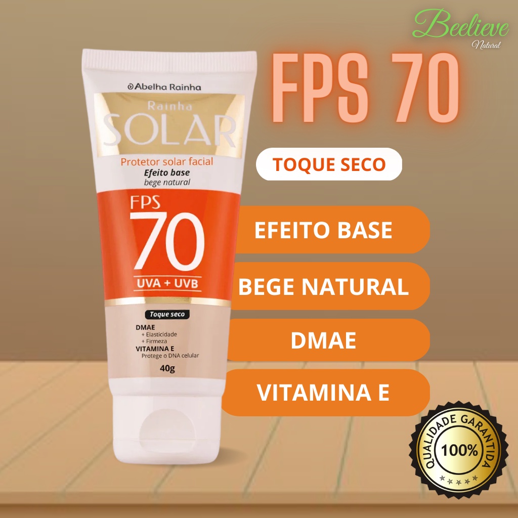 Protetor Solar Facial Cor De Base Bege Natural FPS 70 Abelha Rainha Com Vitamina E e DMAE Rainha Solar