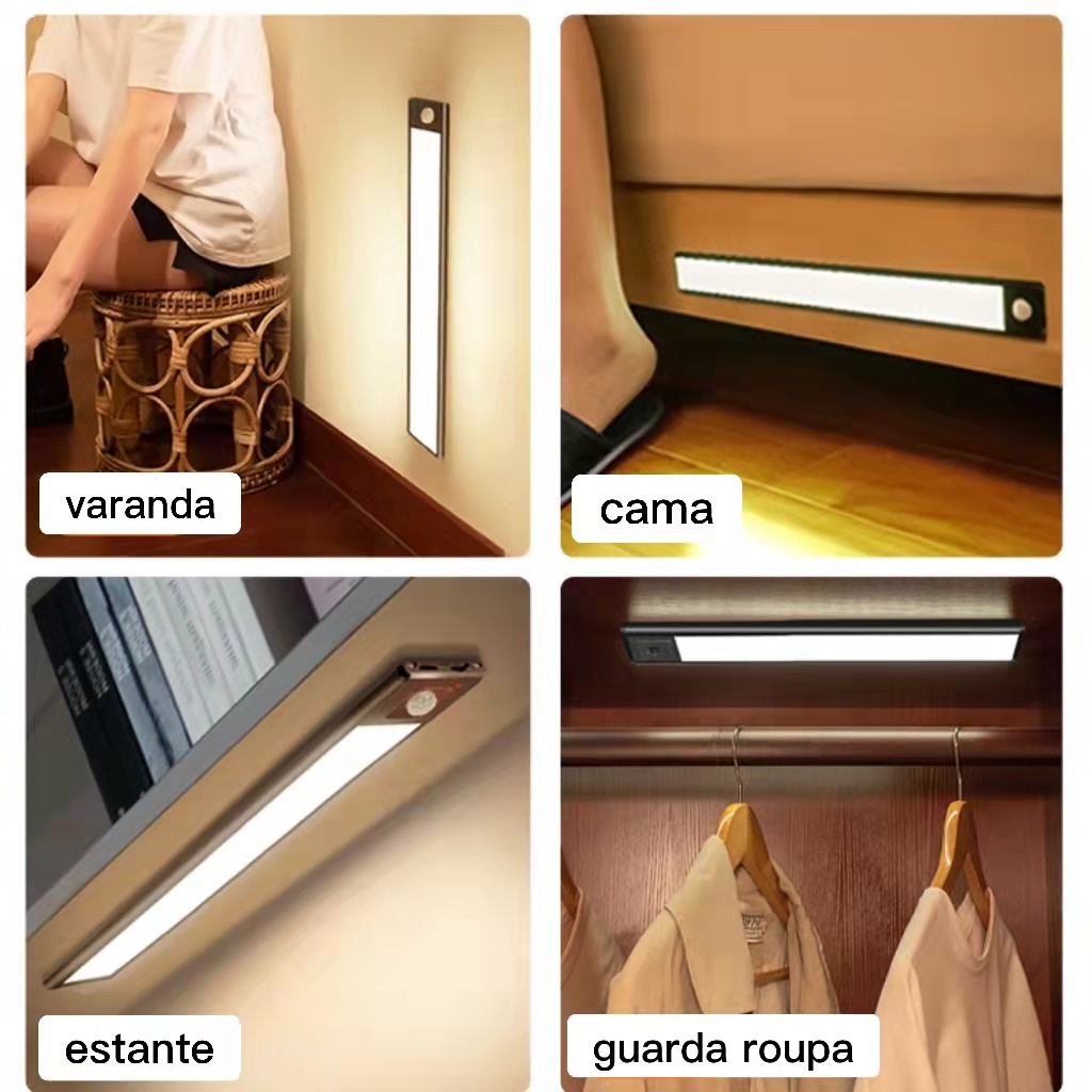 Luminária Luz Led Sensor Presença Recarregavel Com Cabo USB Pratado Para Armário,Cama ,Guarda-roupa 15cm,24cm,40cm,60cm  4000k