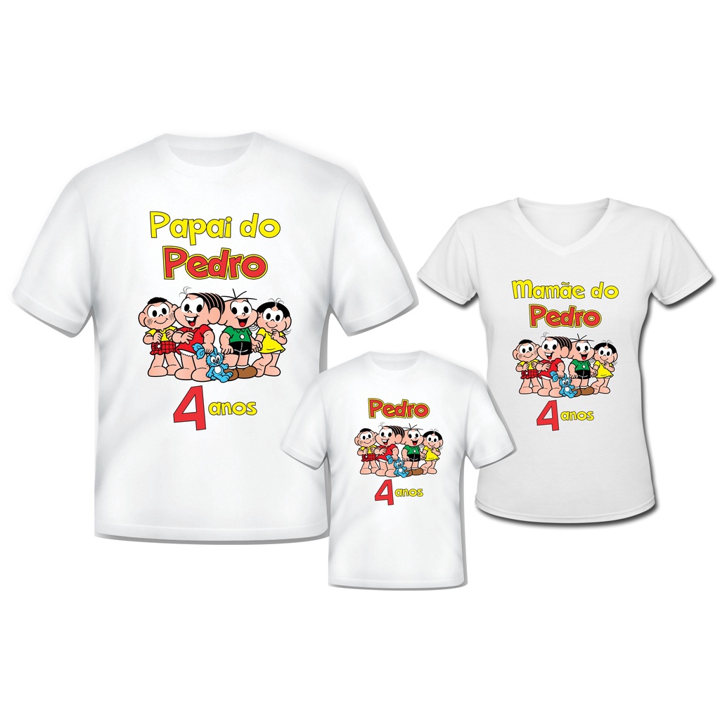 Kit 3 Camisa Personalizada - Tema Turma da Mônica - Pai, Mãe e Filha ou Filho