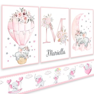 Quadro Decorativo Infantil Quarto Menina Personalizado + Faixa Decorativa Elefante Balões Rosa