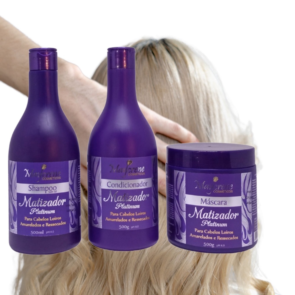 Kit Capilar Matizador Platinum loiro  - 3 itens Shampoo, Mascara, Condicionador Maycrene Cosméticos em Oferta na Shopee