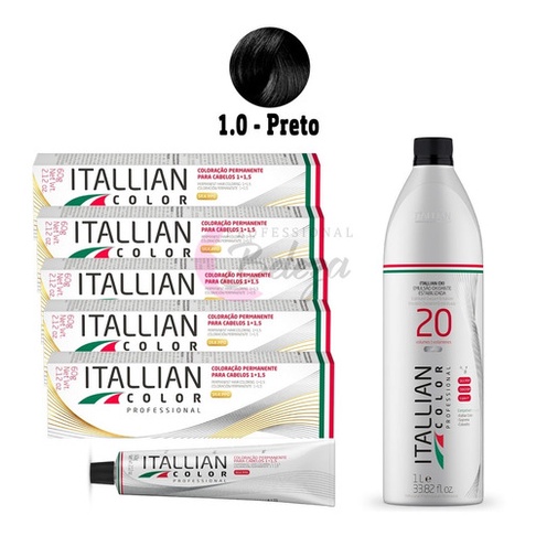 Kit 5 Tinta Profissional 1.0 Preto Itallian Color + Ox20