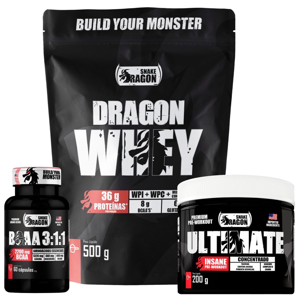 Whey Protein Dragon 500g + BCAA 60 Cápsulas + Pré-treino 200g