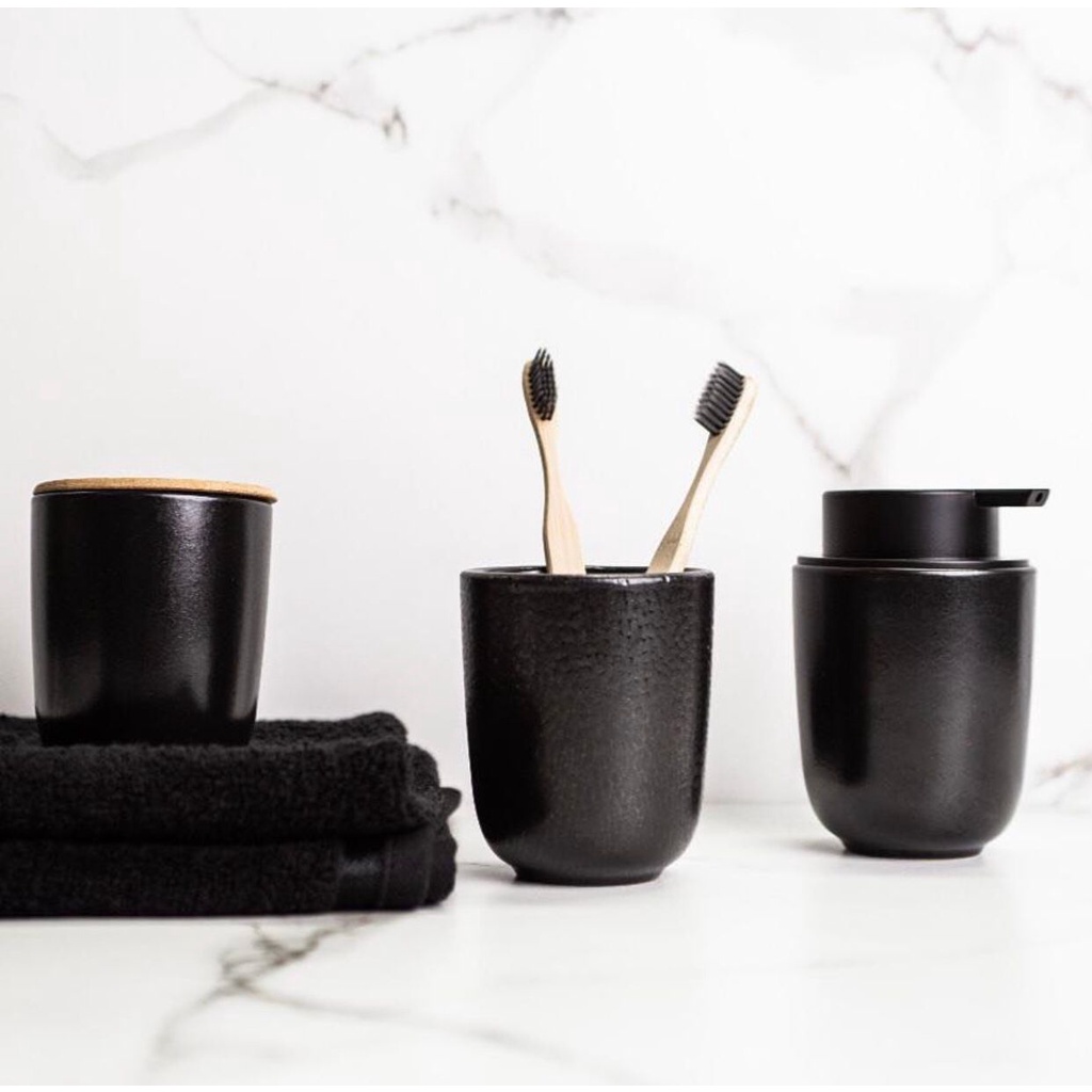 Kit banheiro em cerâmica modelo luxo dispenser porta escova e pote com tampa em bambu decoração