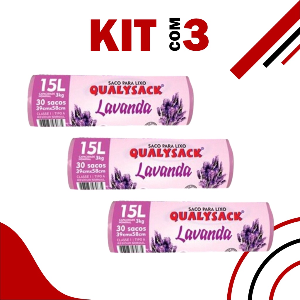 Kit 3 Saco de Lixo Perfumado 90un Lavanda 15l Anti Odores e Insetos Cheiroso 3 Rolos 30un