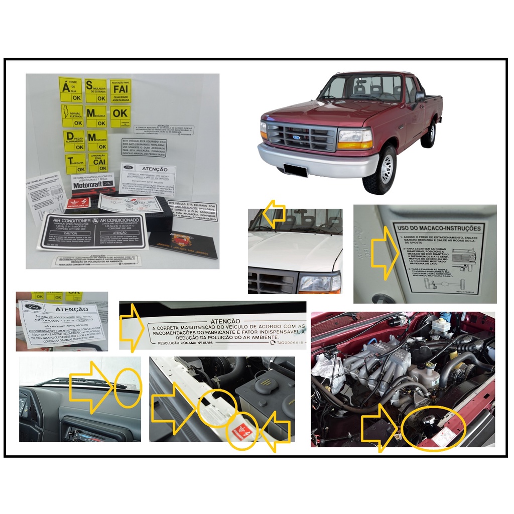 Kit c/ 18 Adesivos Ford F1000 96 A 98 - (Motor, Mini-Frente E Para-Brisa)
