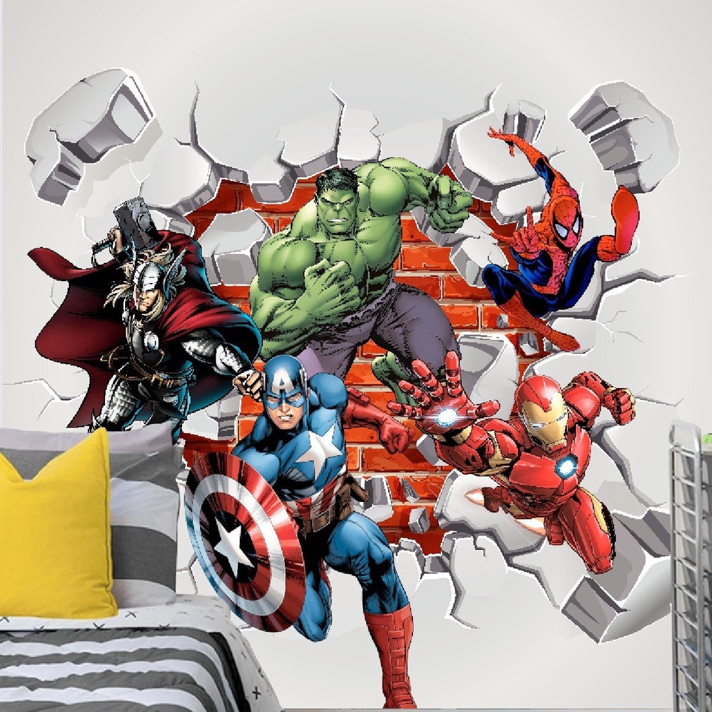 Papel de Parede 3D Vingadores Buraco Efeito Realista Decoração Quarto Infantil M²