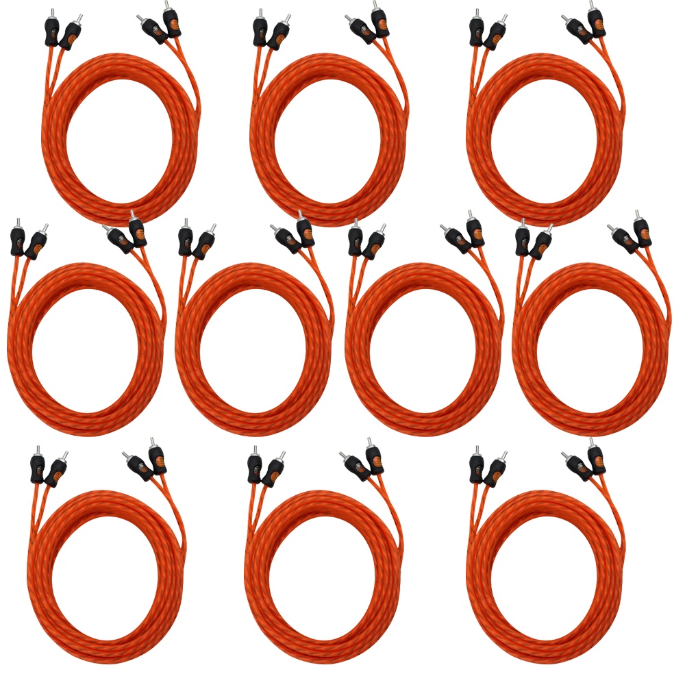 Kit 10 Cabo Rca 5 Metros KX3 Flexível injetado silicone transparente laranja para som automotivo