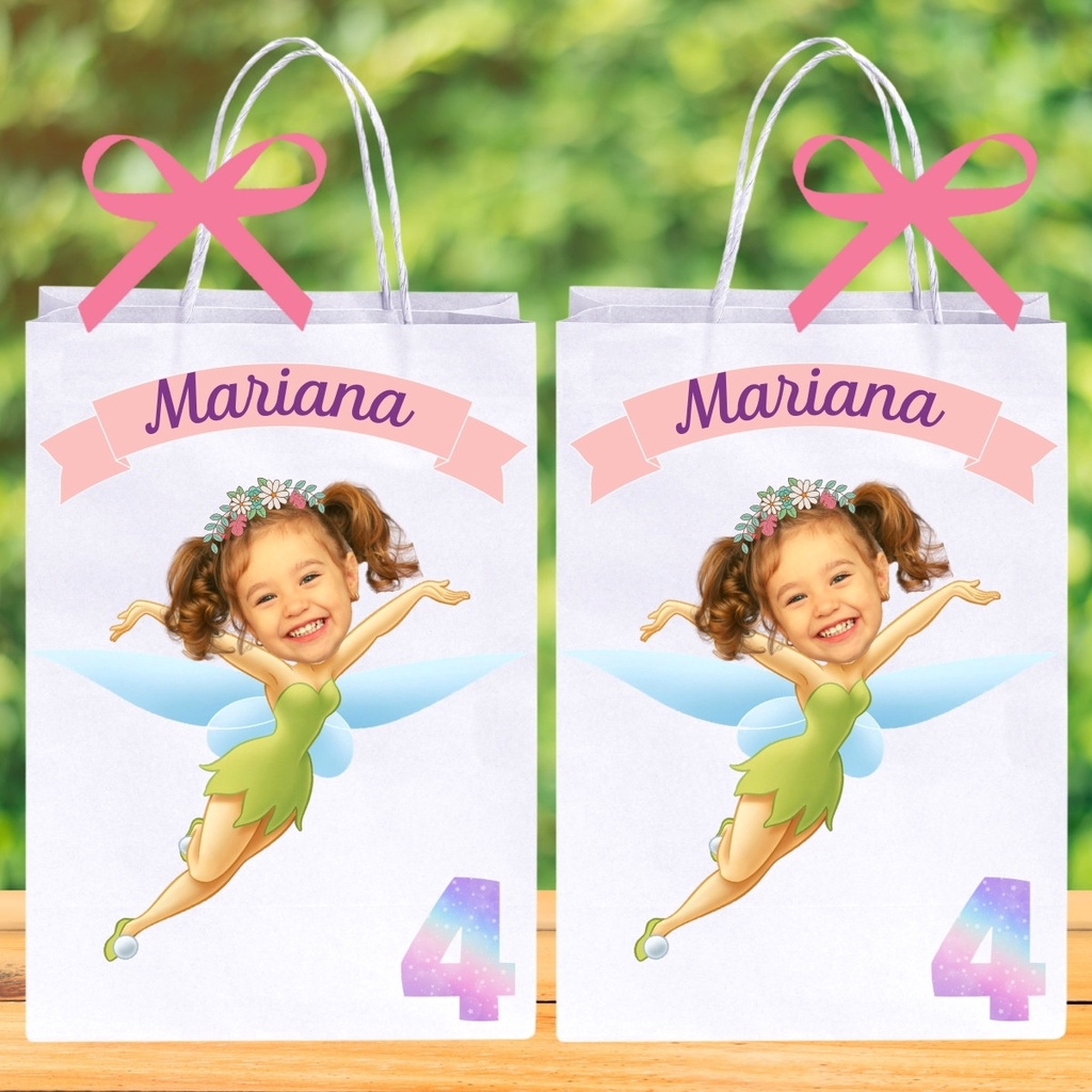 Sacolinhas com SUA FOTO na SININHO. Sacolinhas para Lembrancinhas TINKER BELL com a foto de rostinho, nome e idade