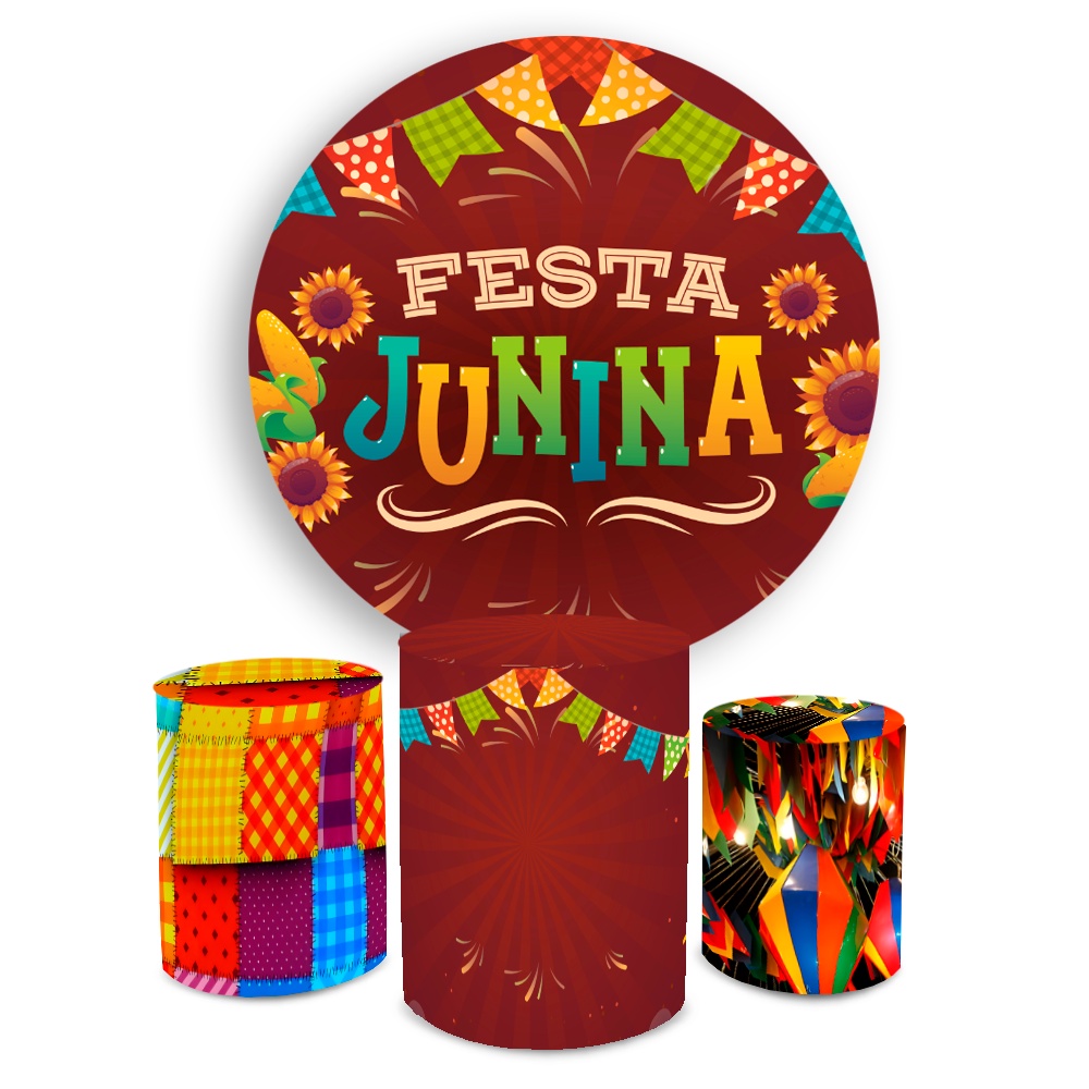Kit Capa Painel Decorativo + 3 Capas Cilindro Tema Festa Junina Tecido Bibi Painéis