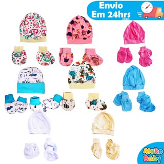 Kit 3 peças - Touca bebe, Luvinha e Sapatinho de Recem Nascido Estampado e Liso 100% Algodão