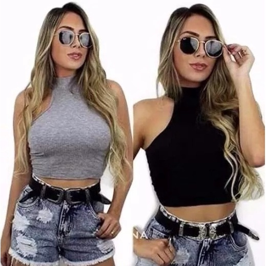 Cropped Canelado Top Gola Alta Chocker Com Bojo Verão