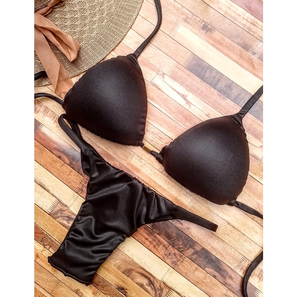 Biquíni cortininha preto com calcinha marquinha tanga laterais estreitas cirrê em Oferta na Shopee