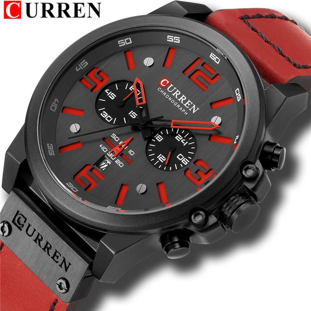 CURREN Relógio Masculino Marca Original Moda Couro Vermelho Casual Esportivo Quartzo Impermeável Sem Caixa 8314 XL - Watches