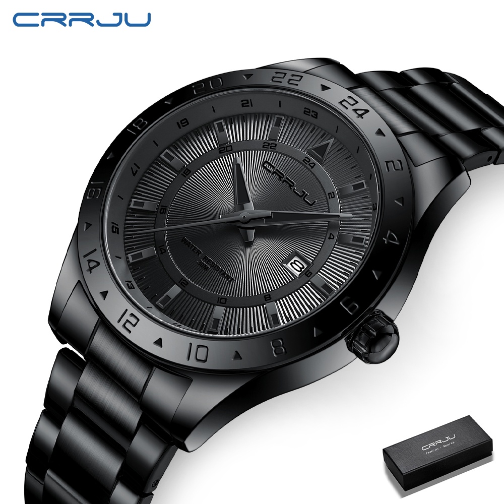 Relógio Masculino CRRJU Marca Top Original De Aço Inoxidável Preto Clássico Moda Clássica Negócios Casual Esportivo Quartzo À Prova D'água Com Caixa 5007 em Oferta na Shopee