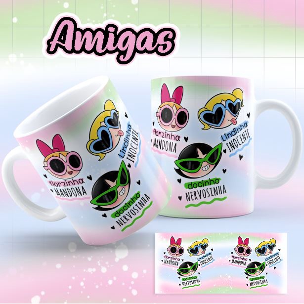 Caneca xícara de Porcelana Personalizada Meninas Super Poderosas Florzinha Mandona Docinho Nervosinha Lindinha Inocente