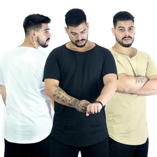 Kit 3 Camisetas Longline Camisa Masculina Lisa Gola Canoa Oversized Swag