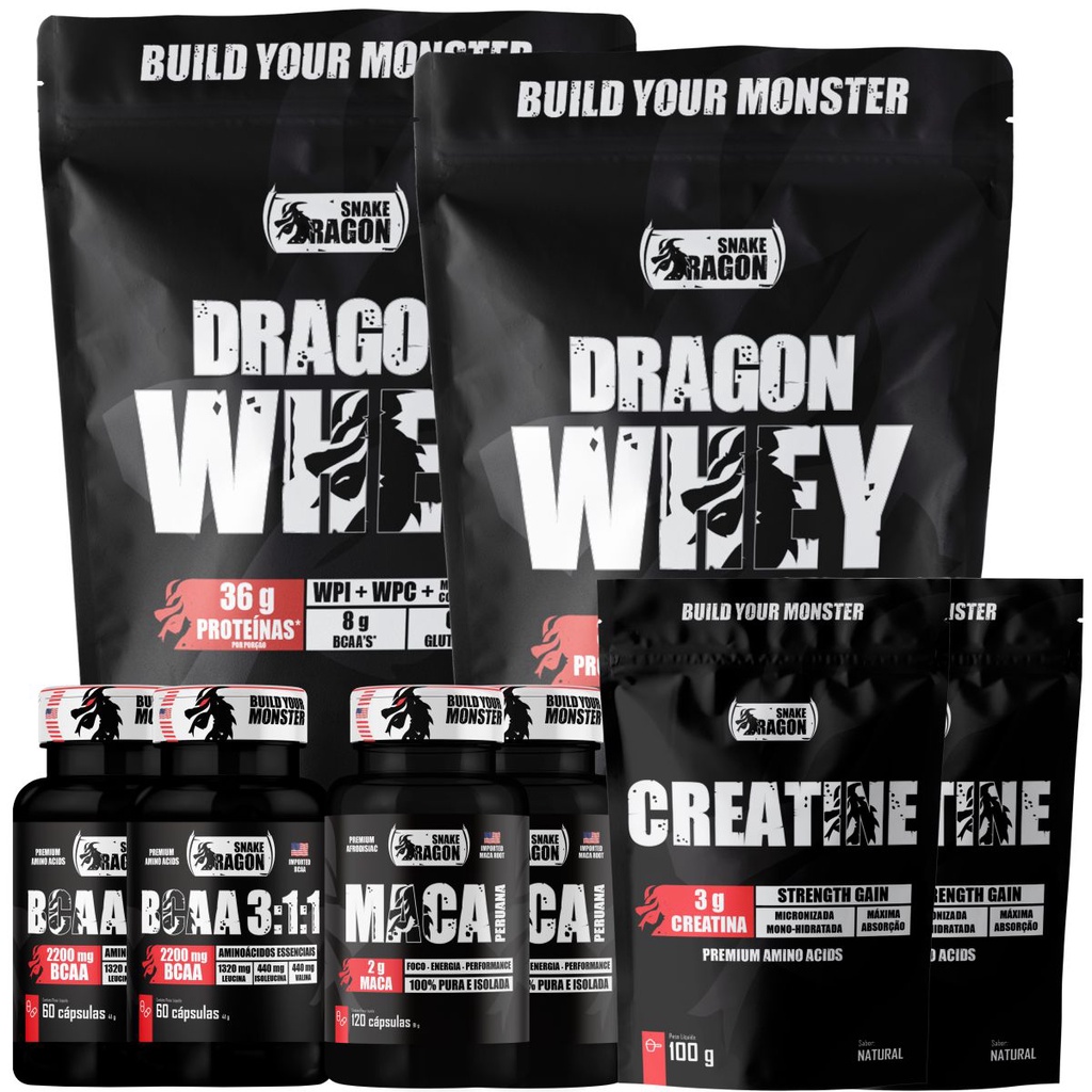 Kit 2x Dragon Whey + 2x BCAA + 2x Maca Peruana 120 Cáps + 2x Creatina 100g