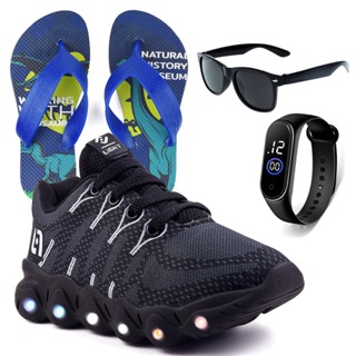 Tenis Infantil De Led Meninos Casual Preto Preto Com Luzes + Chinelo Óculos e Relógio Trc