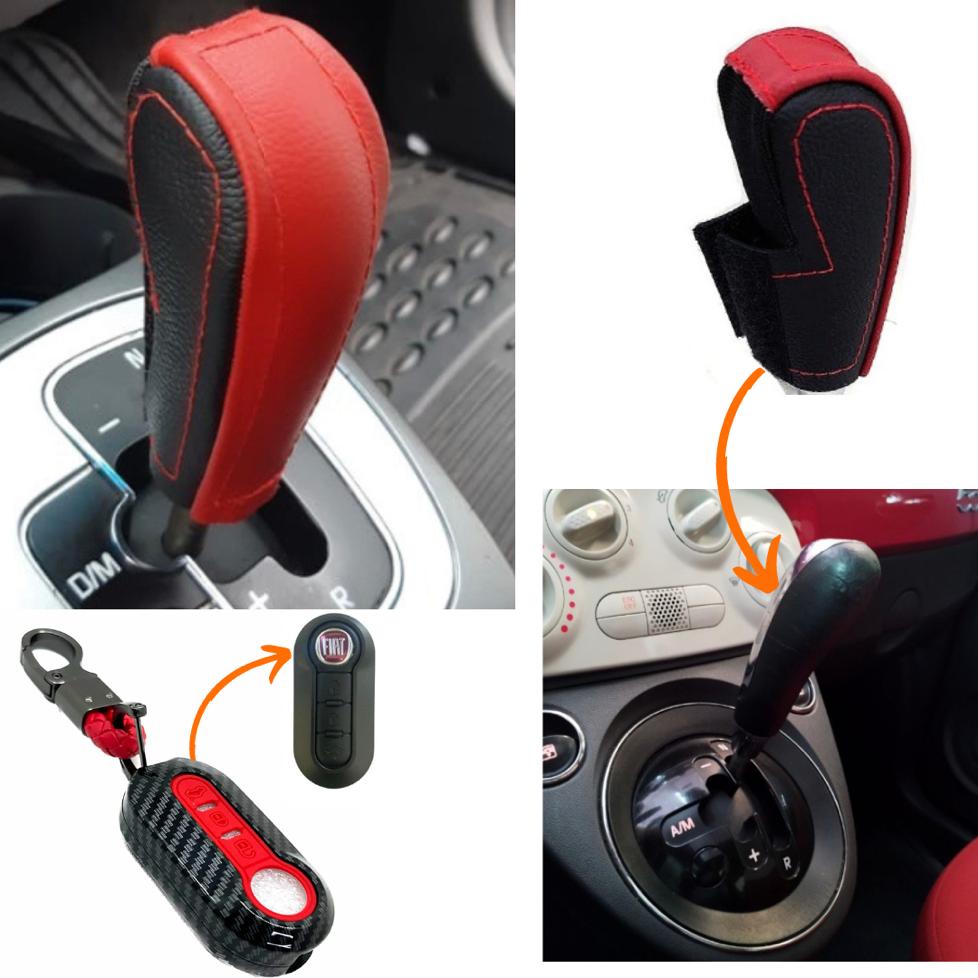 Capa carbon chave canivete 3 botão e capinha couro manopla câmbio automático Fiat 500 air cult