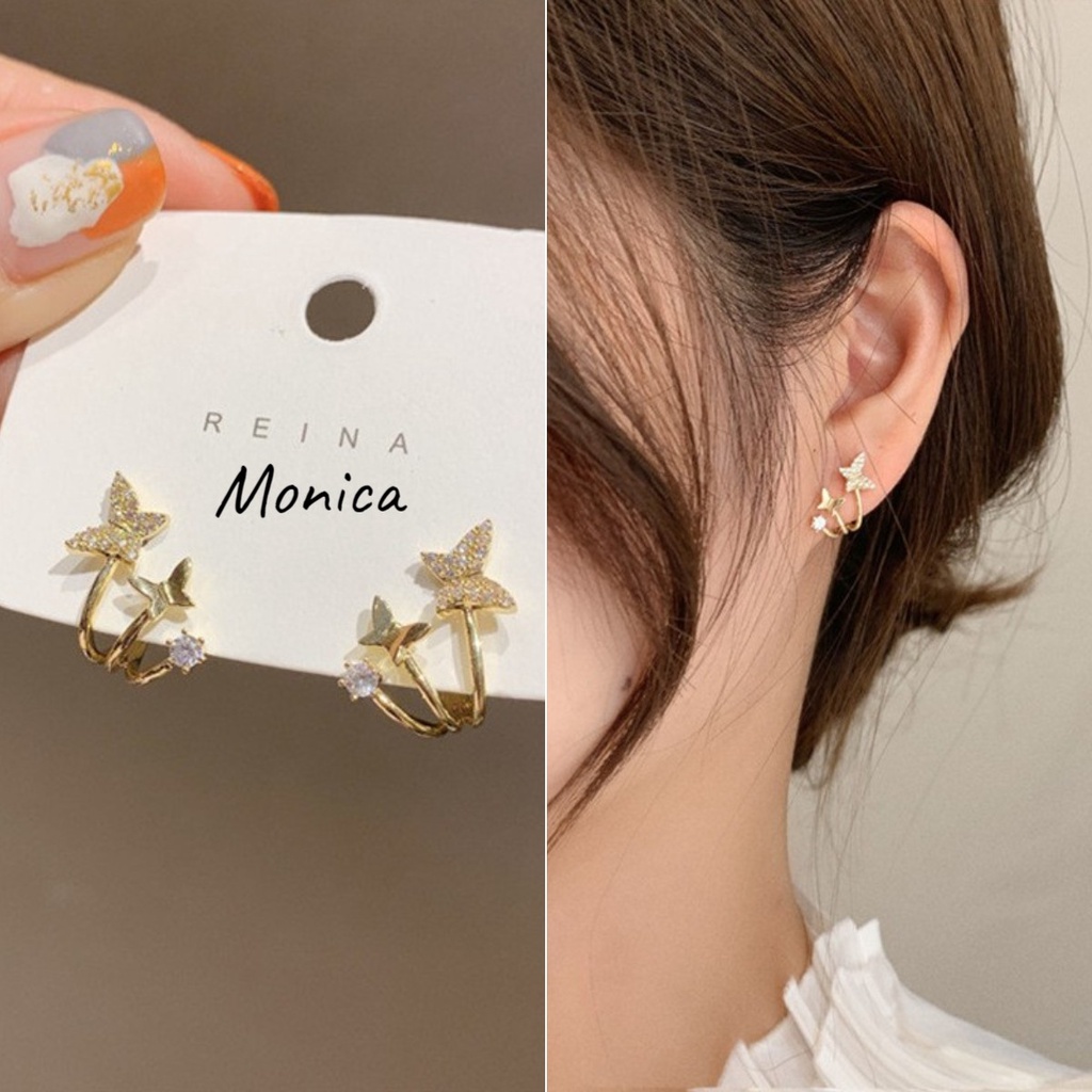 Real Revestimento em Ouro Moda Borboleta Zircônia Brincos 925 Prata Agulha Micro incrustado Zircônia Borboleta Brincos Japonês Coreano Simples Moda Combina com Tudo Brincos Doce Temperamento Diamante Brincos Estilo Coreano Brincos