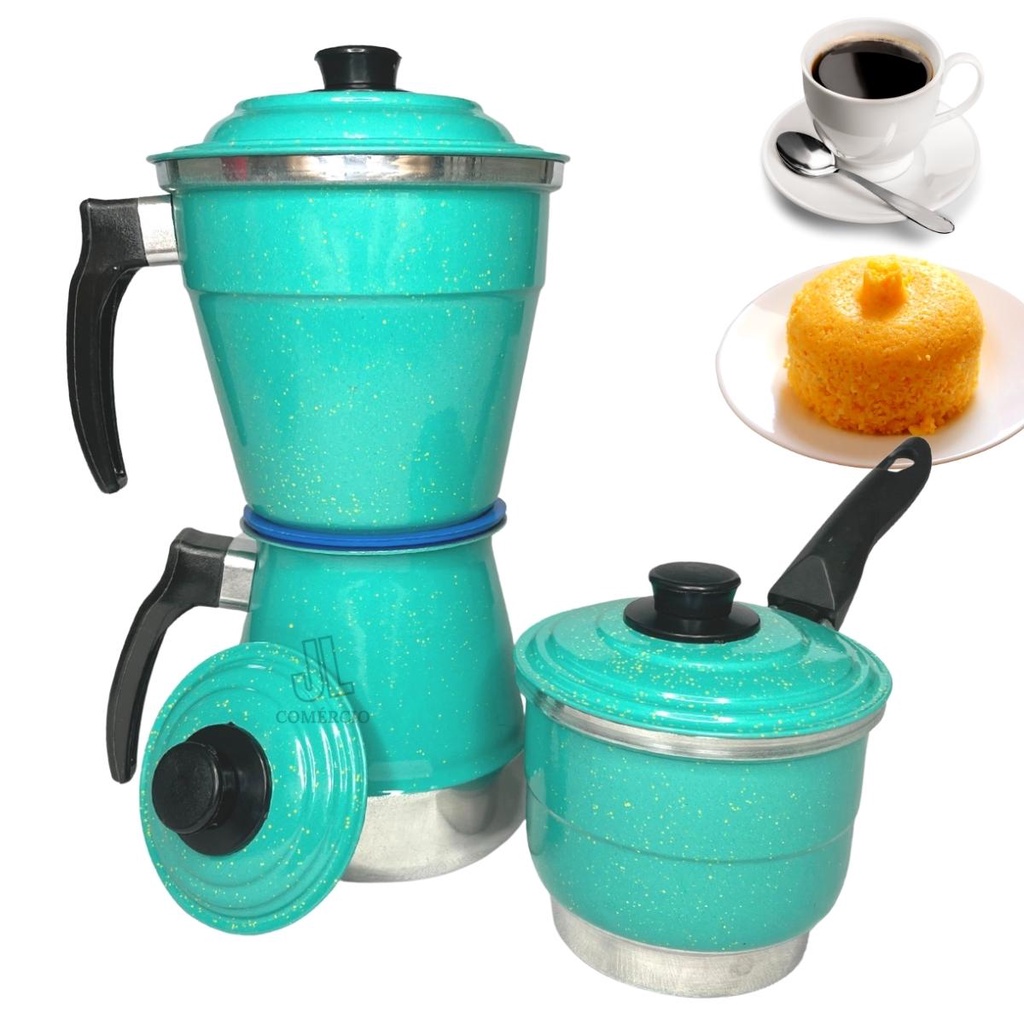 Cafeteira de Fogão 3 em 1 Tenha Cuscuzeiro Porção Unica Cuscuz Peitinho de Moca + Cafeteira Italiana 1 Litro 4 6 8 10 Xicaras + Fervedor Verde