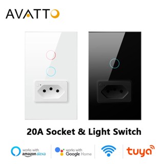 Interruptor De Luz Inteligente AVATTO Tuya WiFi Com Tomada 20A Brasil Padrão 4X2 Painel De Vidro 1/2 Botões Funciona Alexa Google home