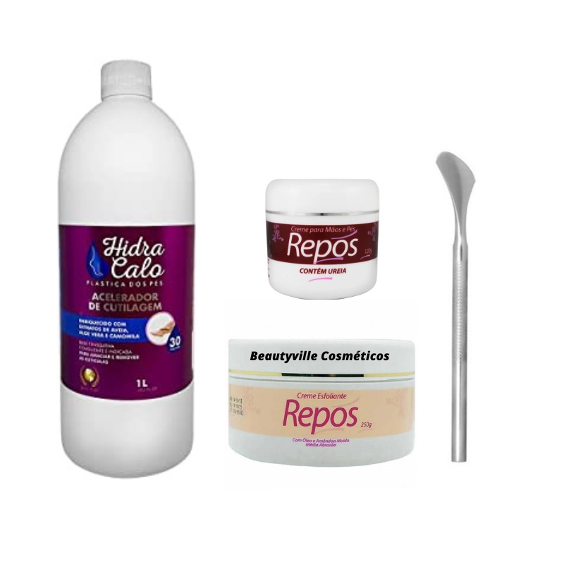 Hidracalo Emoliente 1 LT + Esfoliante 250g Repos + Creme Ureia Hidratante 120g Repós + Espatula 222 em Oferta na Shopee